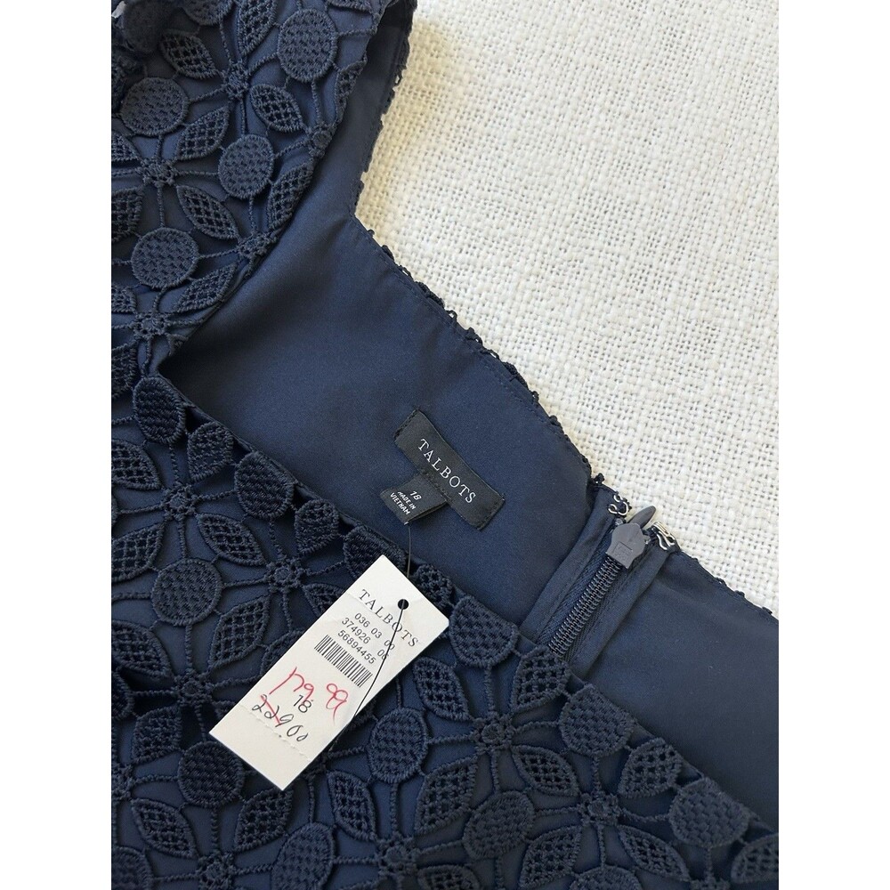 Talbots Medallion Navy Floral Lace A-Line Midi Dress Lined Square Neck Size 18 - Picture 5 of 11